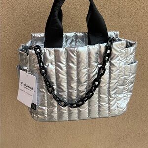 Ah-dorned | Silver Metallic Tote Bag w/ Crossbody Strap & Bag Charm Chain